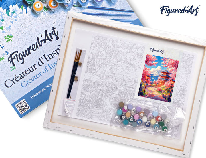 Malen nach Zahlen 40x50cm auf Keilrahmen gespannt Figured’Art Kirschblütenstraße zur Pagode