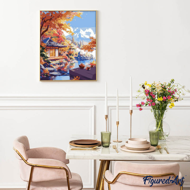 Malen nach Zahlen 40x50cm auf Keilrahmen gespannt Figured’Art Herbstliches Teehaus am See