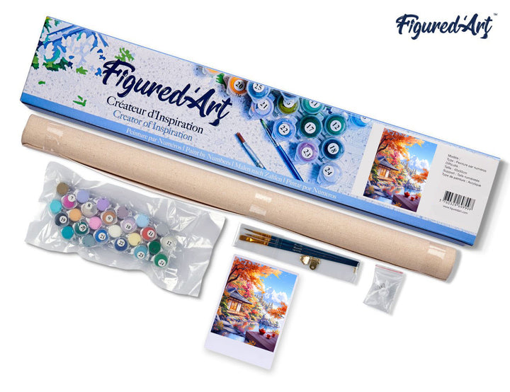 Malen nach Zahlen 40x50cm ohne Keilrahmen Figured’Art Herbstliches Teehaus am Seeufer