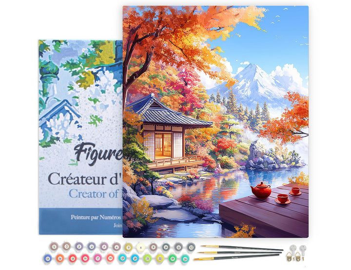 Malen nach Zahlen 40x50cm auf Keilrahmen gespannt Figured’Art Herbstliches Teehaus am See