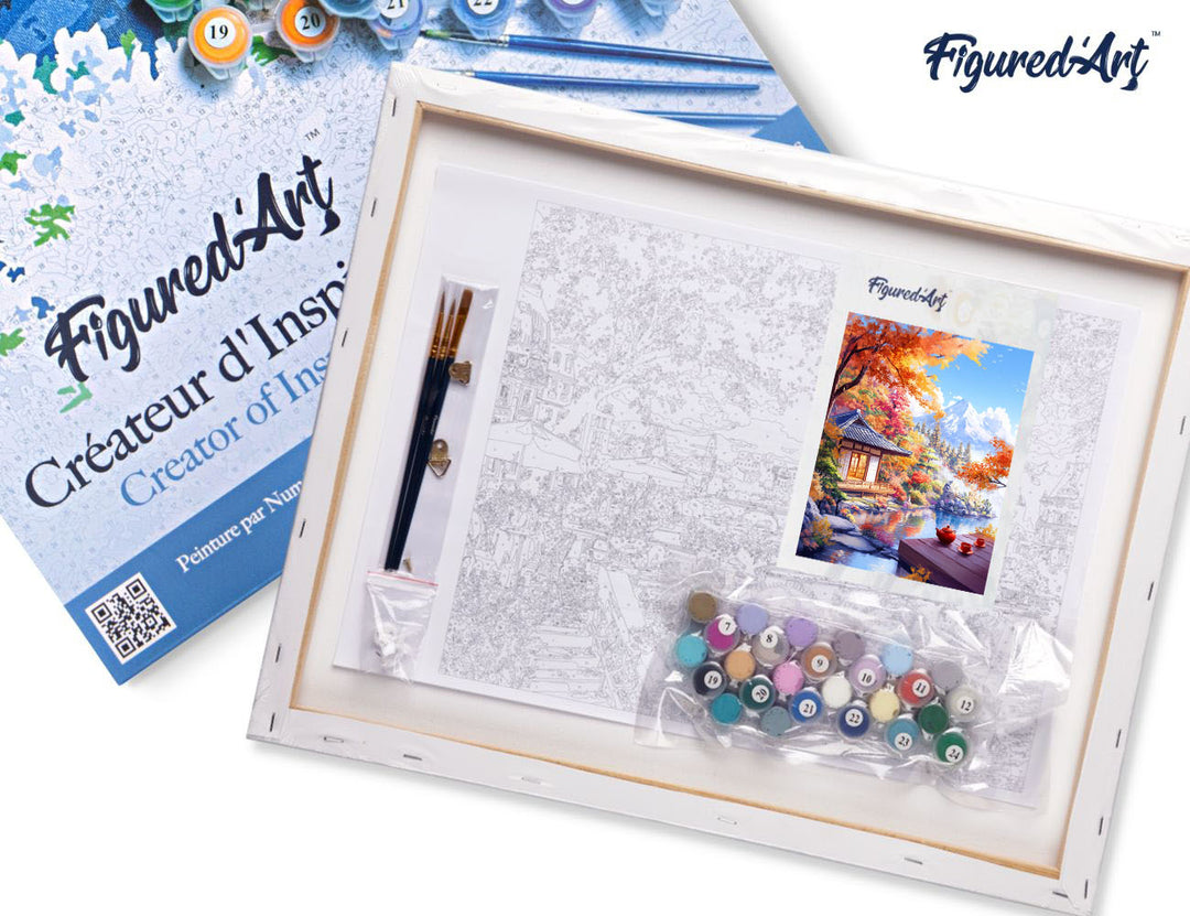 Malen nach Zahlen 40x50cm auf Keilrahmen gespannt Figured’Art Herbstliches Teehaus am See