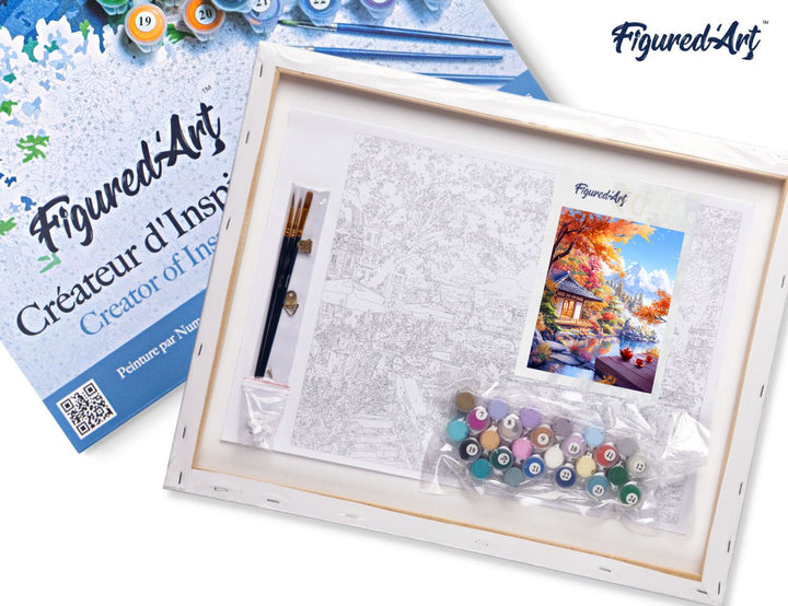 Malen nach Zahlen 40x50cm auf Keilrahmen gespannt Figured’Art Herbstliches Teehaus am See