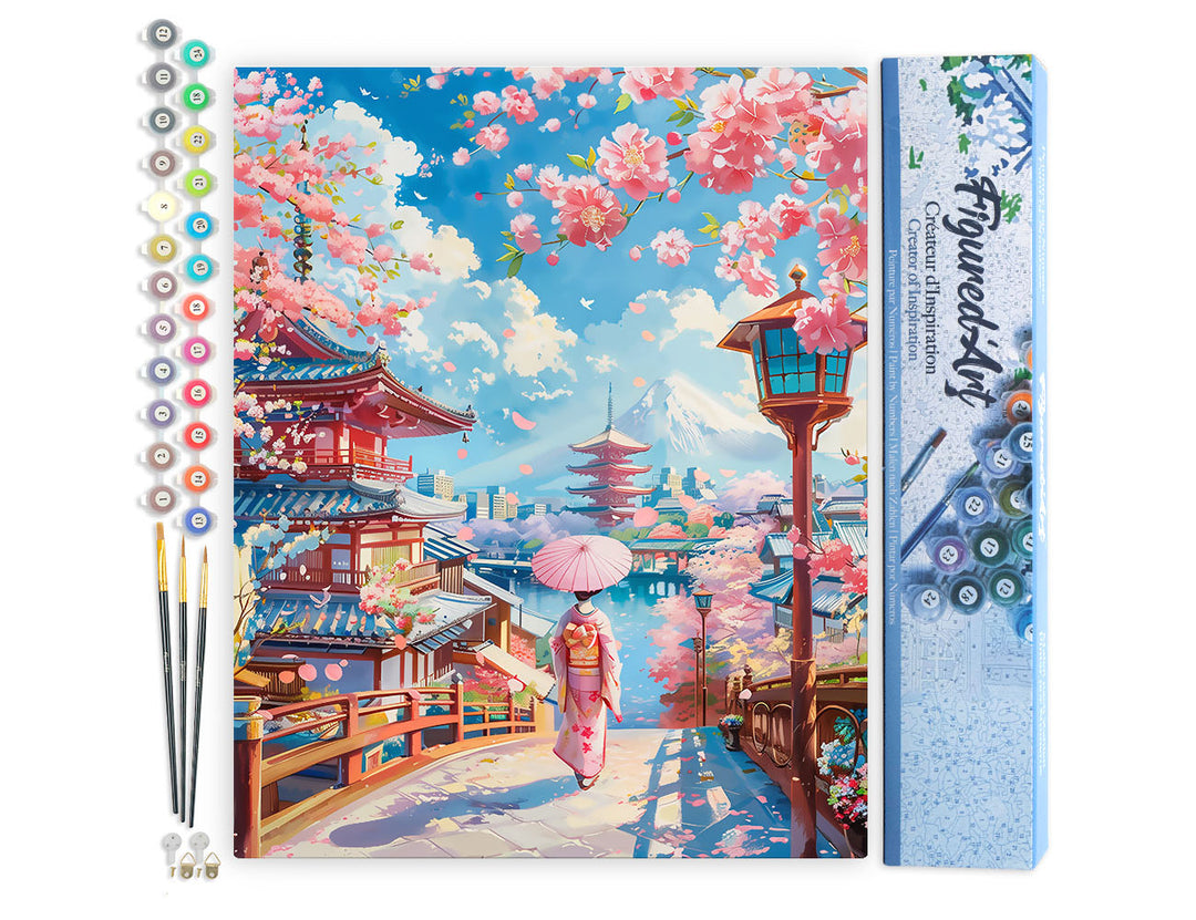 Malen nach Zahlen 40x50cm ohne Keilrahmen Figured’Art Straße mit Kirschblüten in Kyoto