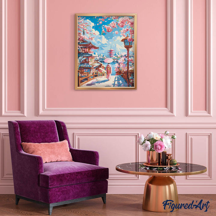 Malen nach Zahlen 40x50cm ohne Keilrahmen Figured’Art Straße mit Kirschblüten in Kyoto