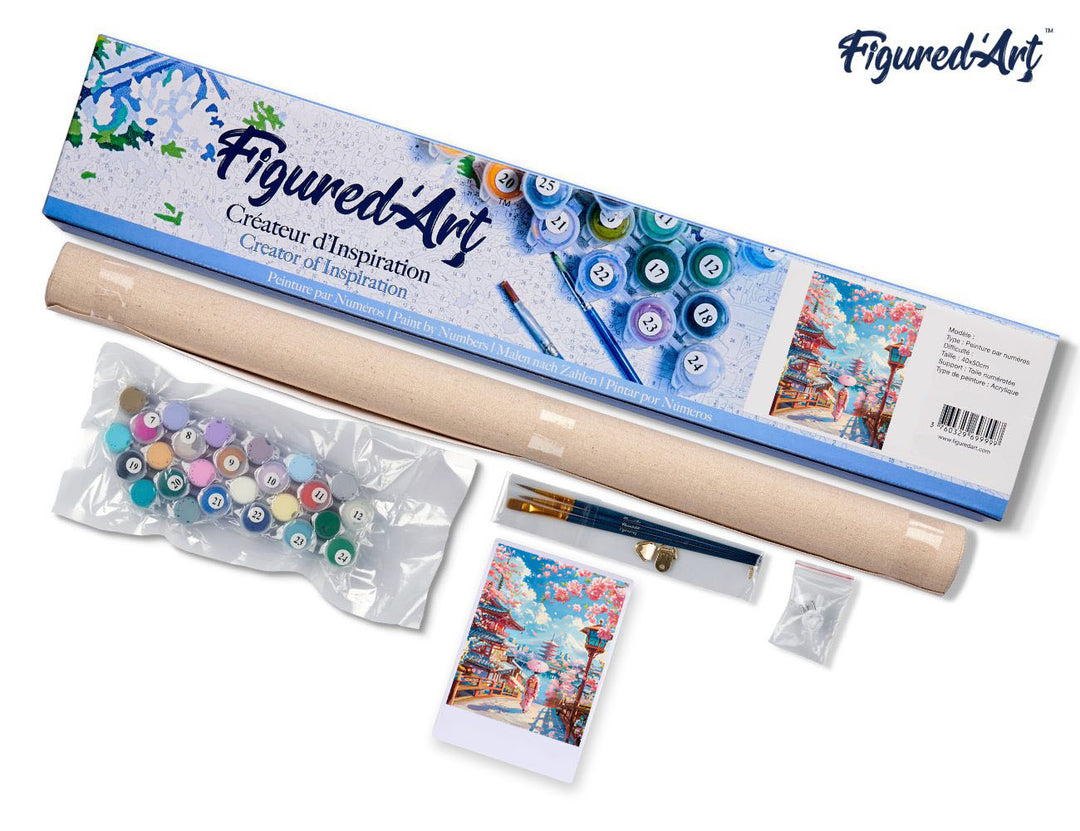 Malen nach Zahlen 40x50cm ohne Keilrahmen Figured’Art Straße mit Kirschblüten in Kyoto