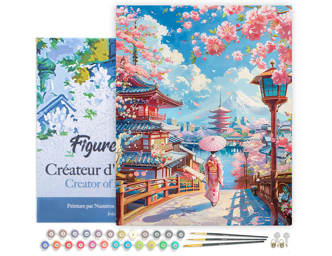 Malen nach Zahlen 40x50cm auf Keilrahmen gespannt Figured’Art Kirschblütenstraße in Kyoto