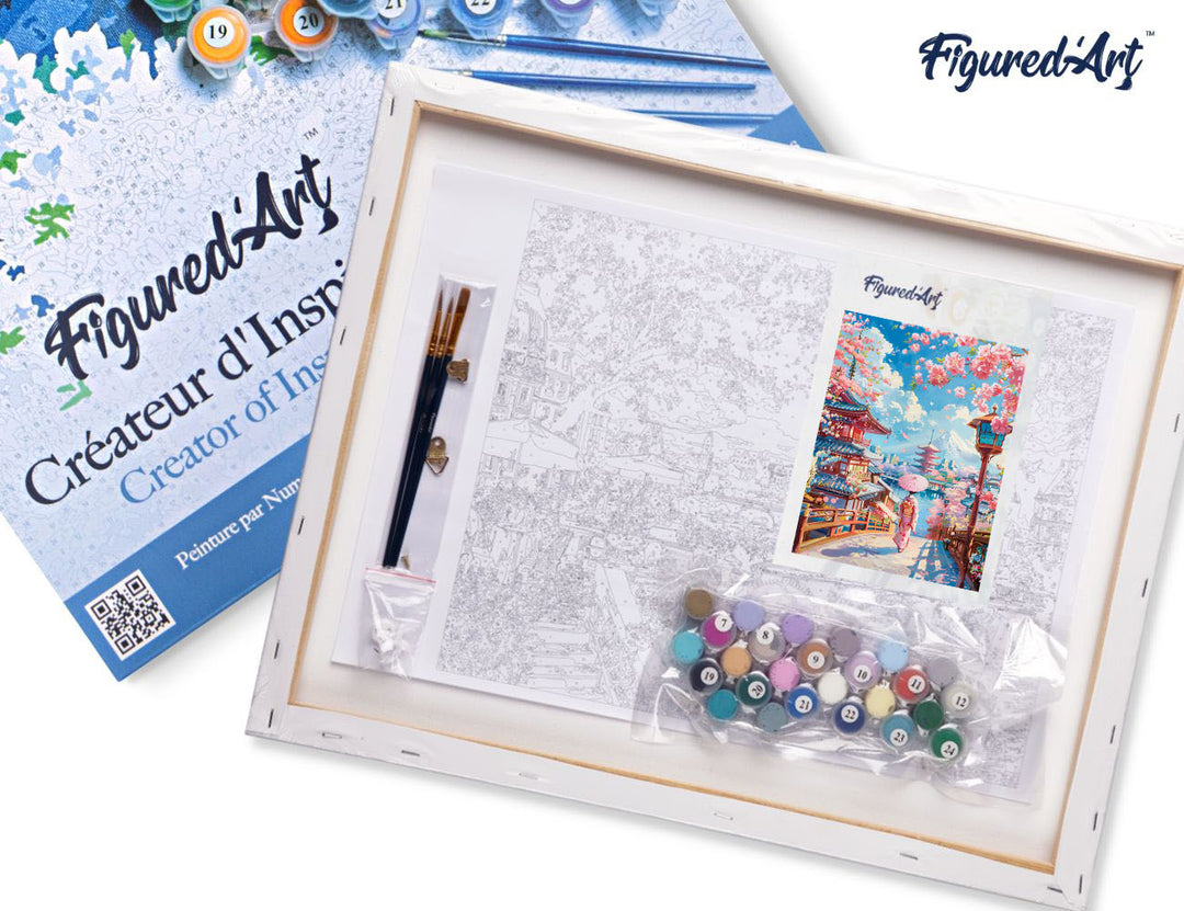 Malen nach Zahlen 40x50cm auf Keilrahmen gespannt Figured’Art Kirschblütenstraße in Kyoto