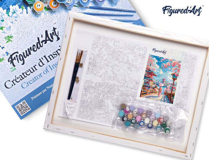 Malen nach Zahlen 40x50cm auf Keilrahmen gespannt Figured’Art Kirschblütenstraße in Kyoto