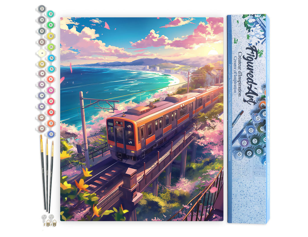 Malen nach Zahlen 40x50cm ohne Keilrahmen Figured’Art Eisenbahn mit Kirschblüten am Meer - Kidis Art
