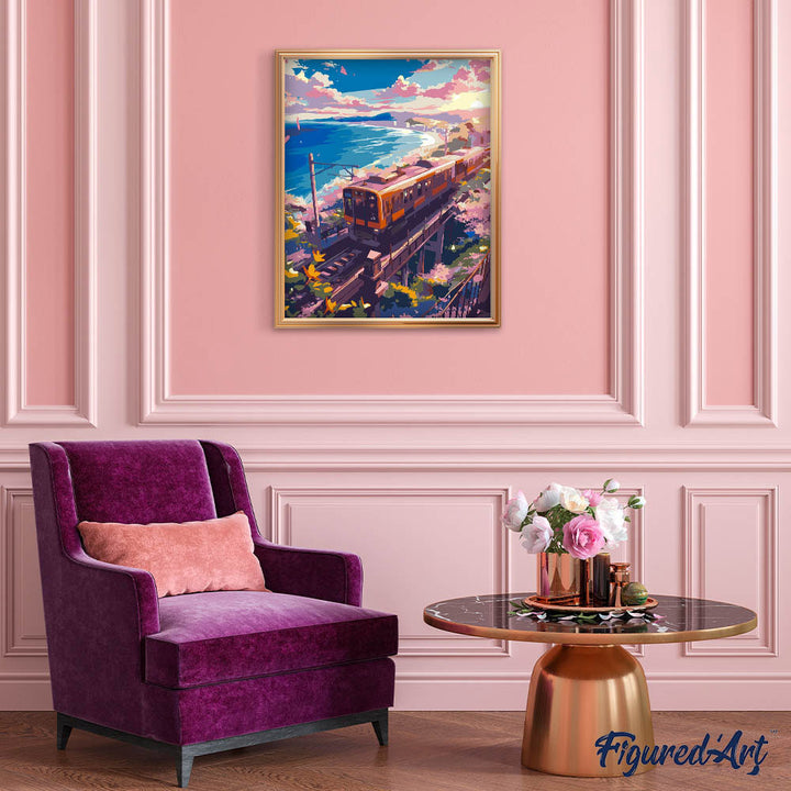 Malen nach Zahlen 40x50cm ohne Keilrahmen Figured’Art Eisenbahn mit Kirschblüten am Meer - Kidis Art