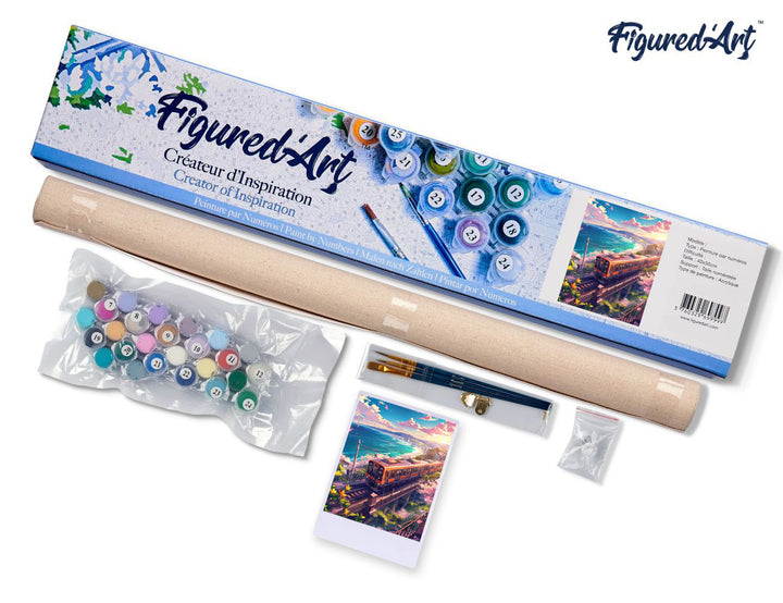 Malen nach Zahlen 40x50cm ohne Keilrahmen Figured’Art Eisenbahn mit Kirschblüten am Meer - Kidis Art