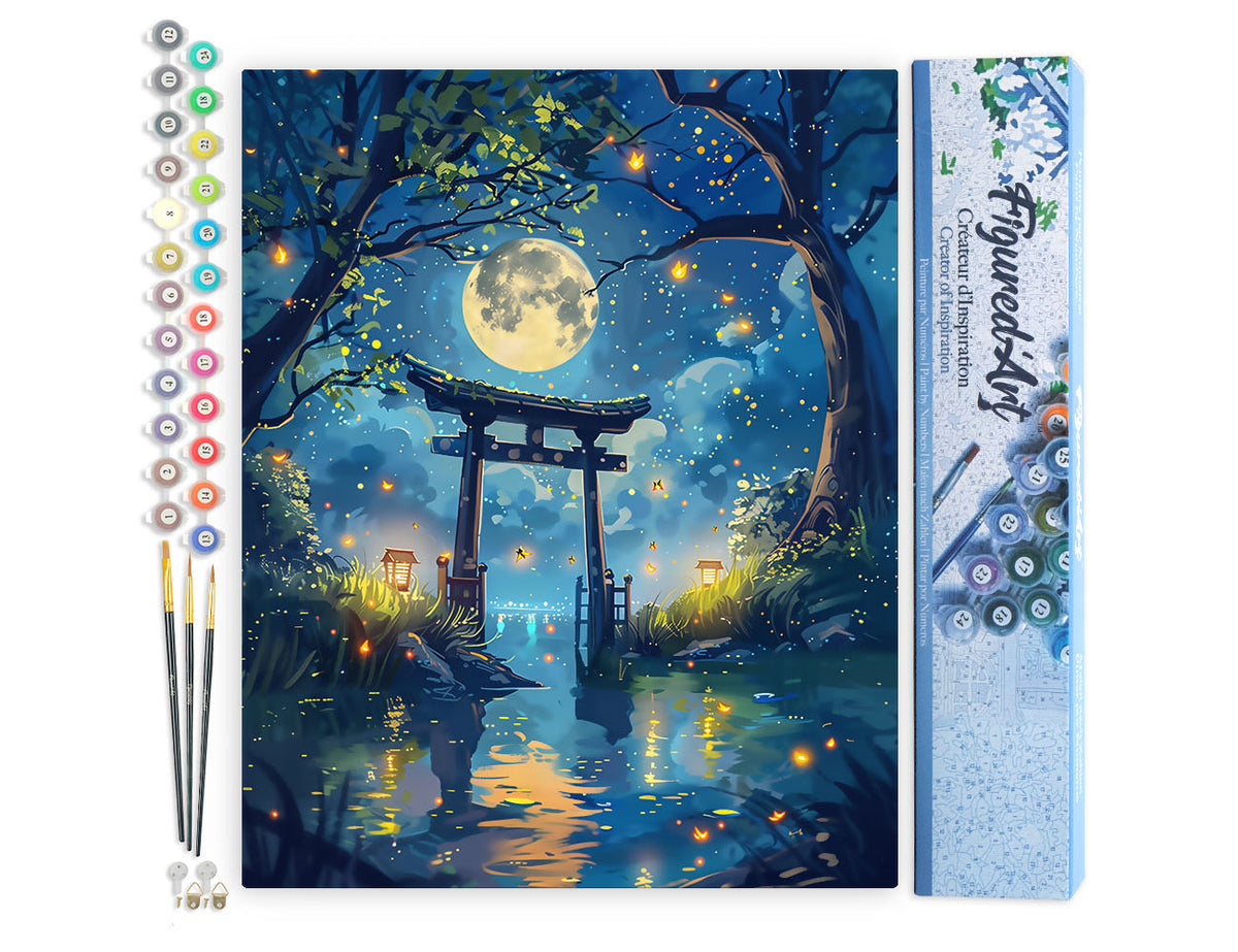 Malen nach Zahlen 40x50cm ohne Keilrahmen Figured’Art Torii im Mondlicht und Glühwürmchen - Kidis Art