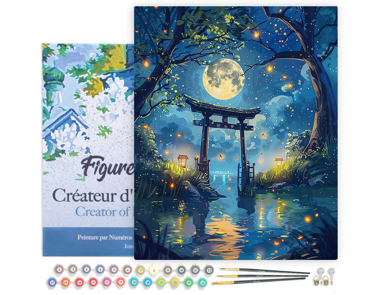 Malen nach Zahlen 40x50cm auf Keilrahmen gespannt Figured’Art Torii im Mondlicht und Glühwürmchen - Kidis Art