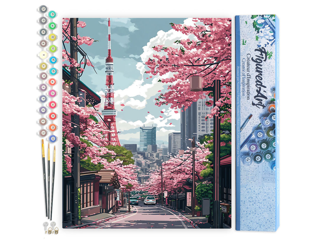 Malen nach Zahlen 40x50cm ohne Keilrahmen Figured’Art Straße mit Kirschblüten in Tokio