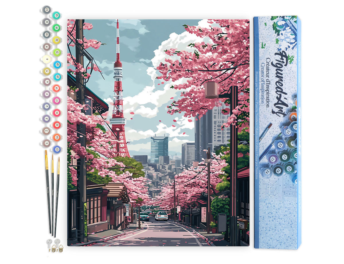 Malen nach Zahlen 40x50cm ohne Keilrahmen Figured’Art Straße mit Kirschblüten in Tokio - Kidis Art