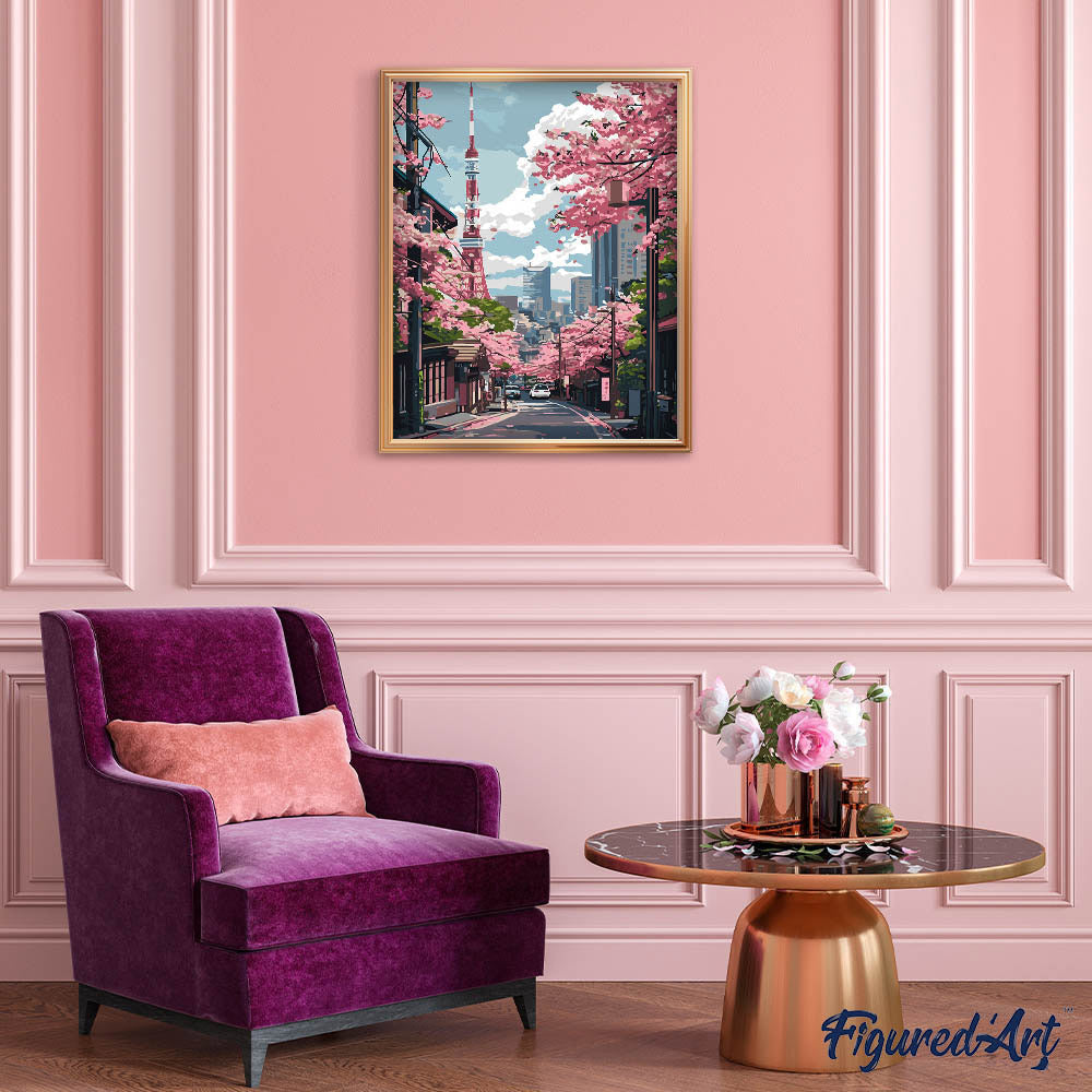 Malen nach Zahlen 40x50cm ohne Keilrahmen Figured’Art Straße mit Kirschblüten in Tokio