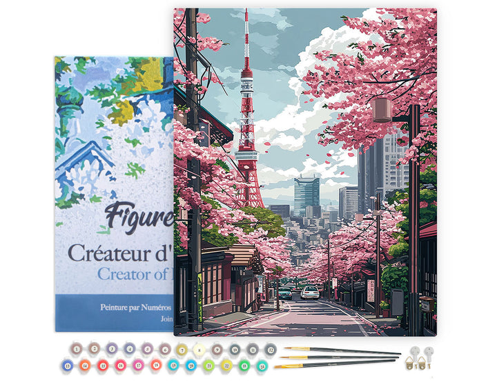 Malen nach Zahlen 40x50cm auf Keilrahmen gespannt Figured’Art Straße mit Kirschblüten in Tokio - Kidis Art
