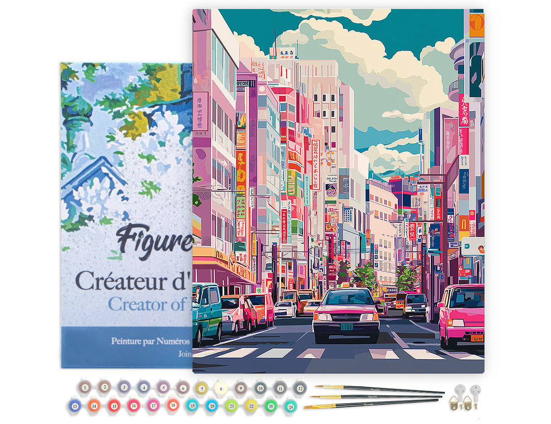 Malen nach Zahlen 40x50cm auf Keilrahmen gespannt Figured’Art Belebte Straße in Japan