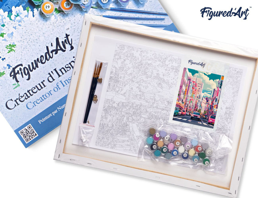 Malen nach Zahlen 40x50cm auf Keilrahmen gespannt Figured’Art Belebte Straße in Japan