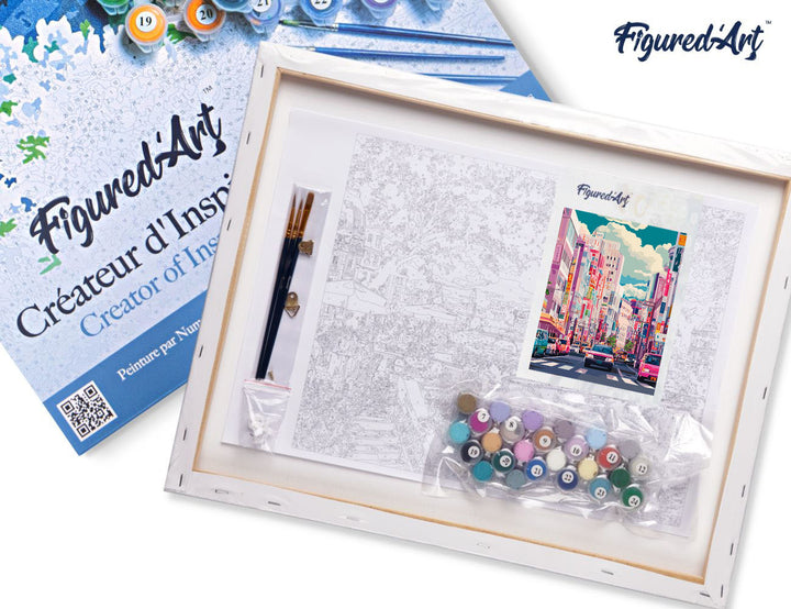 Malen nach Zahlen 40x50cm auf Keilrahmen gespannt Figured’Art Belebte Straße in Japan