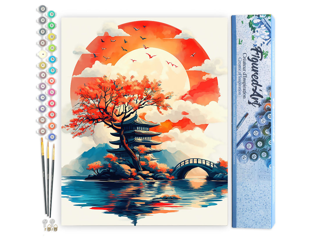 Malen nach Zahlen 40x50cm ohne Keilrahmen Figured’Art Pagode unter der aufgehenden Sonne