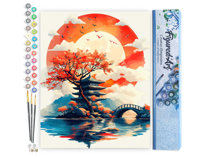 Malen nach Zahlen 40x50cm ohne Keilrahmen Figured’Art Pagode unter der aufgehenden Sonne