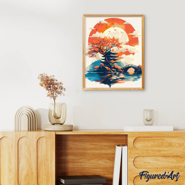Malen nach Zahlen 40x50cm ohne Keilrahmen Figured’Art Pagode unter der aufgehenden Sonne