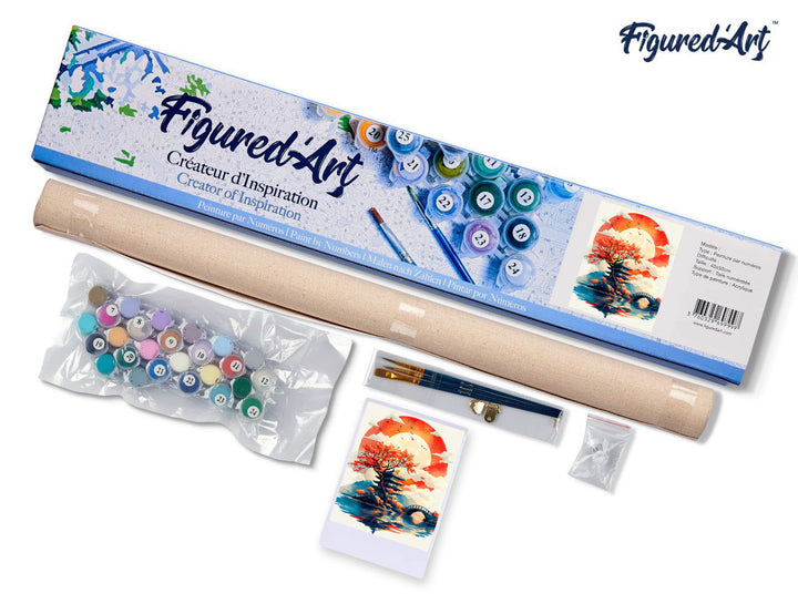 Malen nach Zahlen 40x50cm ohne Keilrahmen Figured’Art Pagode unter der aufgehenden Sonne