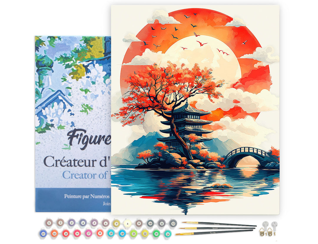 Malen nach Zahlen 40x50cm auf Keilrahmen gespannt Figured’Art Pagode unter der aufgehenden Sonne