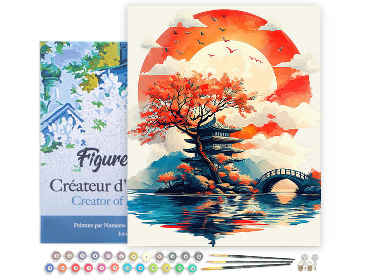 Malen nach Zahlen 40x50cm auf Keilrahmen gespannt Figured’Art Pagode unter der aufgehenden Sonne