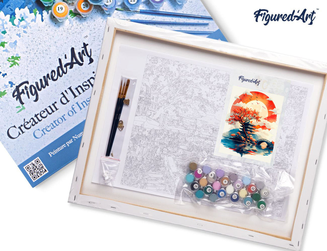 Malen nach Zahlen 40x50cm auf Keilrahmen gespannt Figured’Art Pagode unter der aufgehenden Sonne