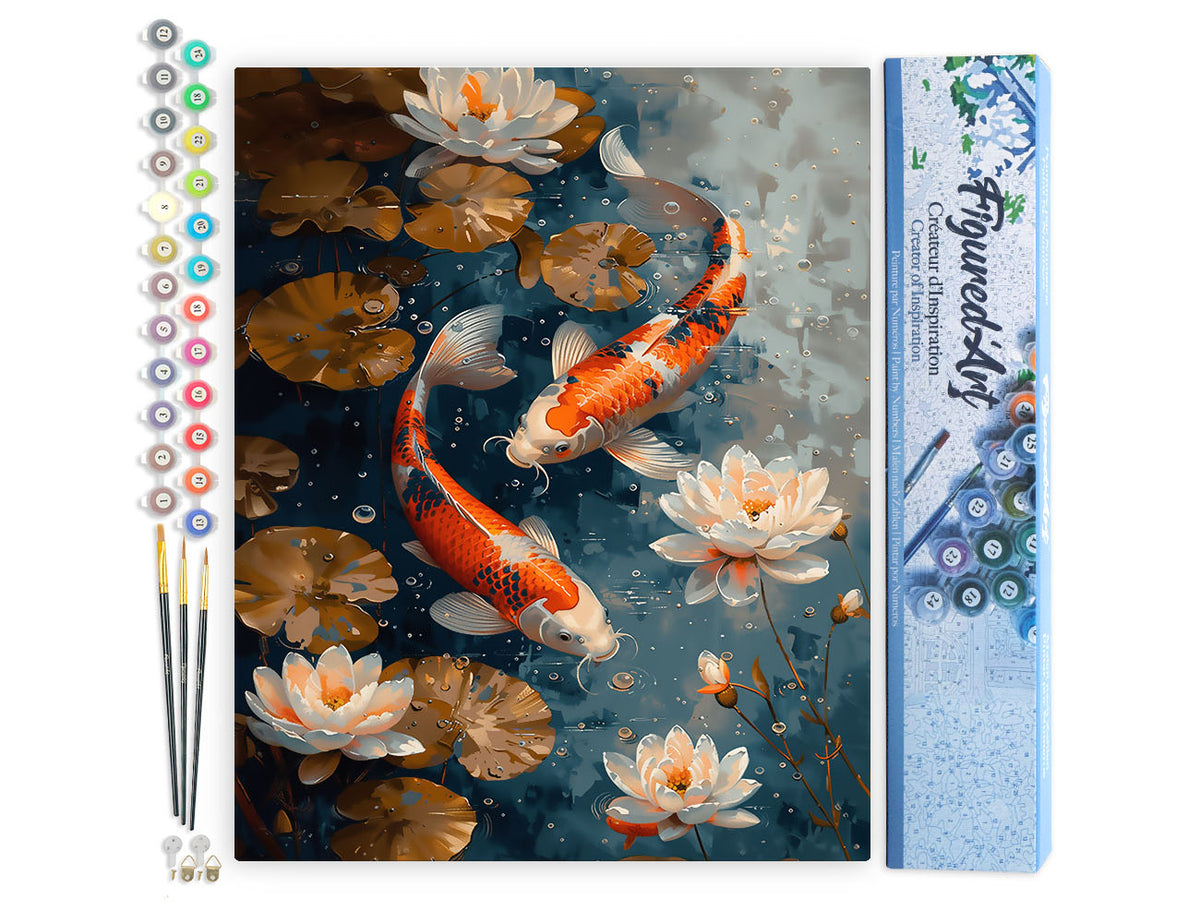 Malen nach Zahlen 40x50cm ohne Keilrahmen Figured’Art Vintage-Koi-Karpfen und Blumen - Kidis Art