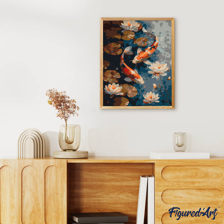 Malen nach Zahlen 40x50cm ohne Keilrahmen Figured’Art Vintage-Koi-Karpfen und Blumen - Kidis Art