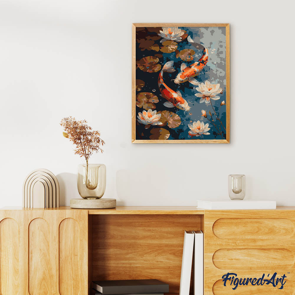 Malen nach Zahlen 40x50cm auf Keilrahmen gespannt Figured’Art Vintage-Koi-Karpfen und Blumen - Kidis Art