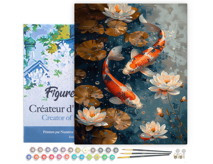Malen nach Zahlen 40x50cm auf Keilrahmen gespannt Figured’Art Vintage-Koi-Karpfen und Blumen - Kidis Art