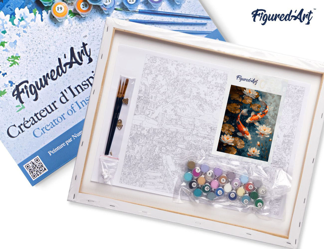 Malen nach Zahlen 40x50cm auf Keilrahmen gespannt Figured’Art Vintage-Koi-Karpfen und Blumen - Kidis Art