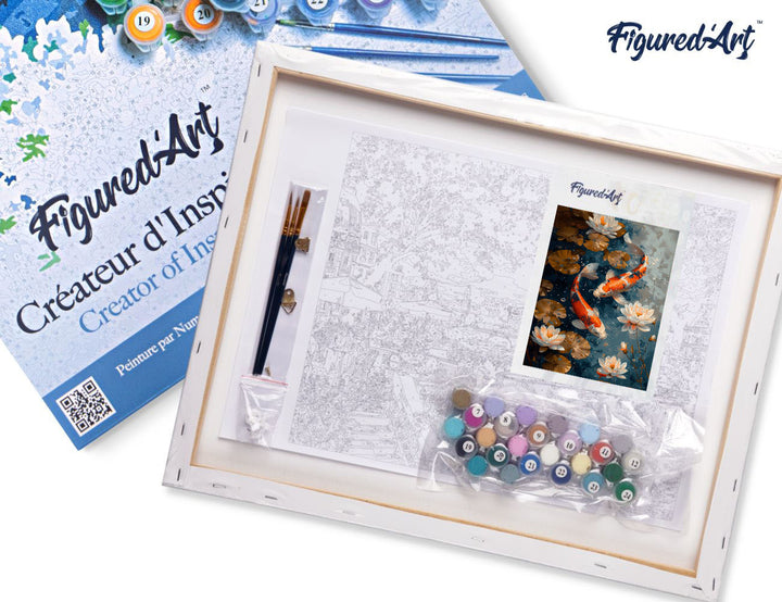 Malen nach Zahlen 40x50cm auf Keilrahmen gespannt Figured’Art Vintage-Koi-Karpfen und Blumen - Kidis Art