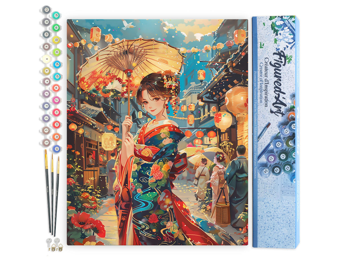 Malen nach Zahlen 40x50cm ohne Keilrahmen Figured’Art Junges Mädchen im Kimono beim Laternenfest - Kidis Art