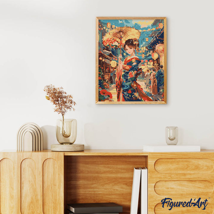 Malen nach Zahlen 40x50cm auf Keilrahmen gespannt Figured’Art Junges Mädchen im Kimono beim Laternenfest