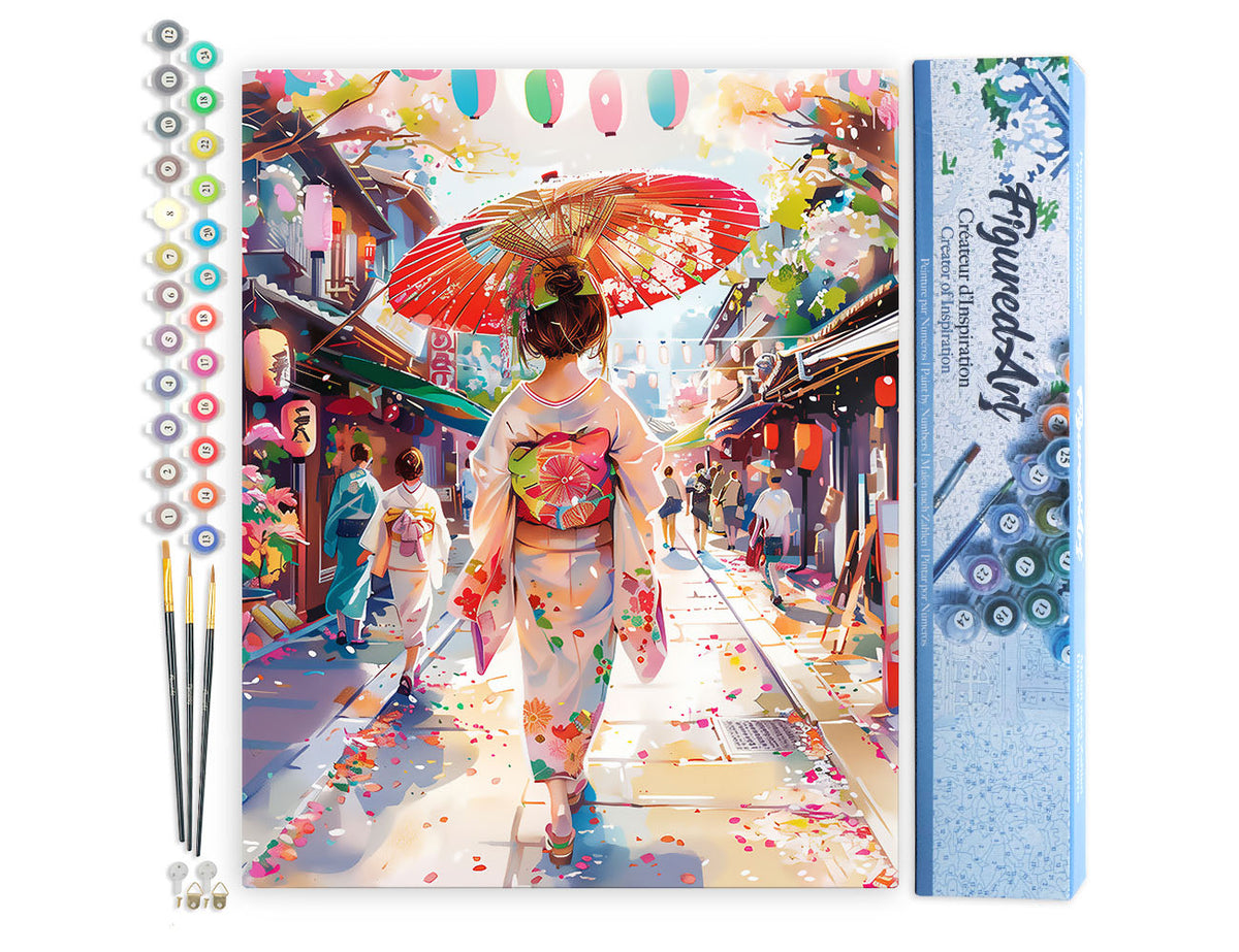Malen nach Zahlen 40x50cm ohne Keilrahmen Figured’Art Frau im Yukata in einer belebten Straße - Kidis Art