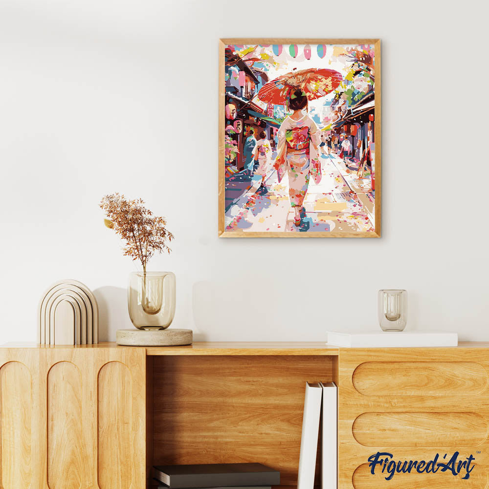 Malen nach Zahlen 40x50cm ohne Keilrahmen Figured’Art Frau im Yukata in einer belebten Straße