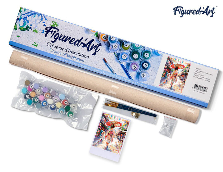 Malen nach Zahlen 40x50cm ohne Keilrahmen Figured’Art Frau im Yukata in einer belebten Straße