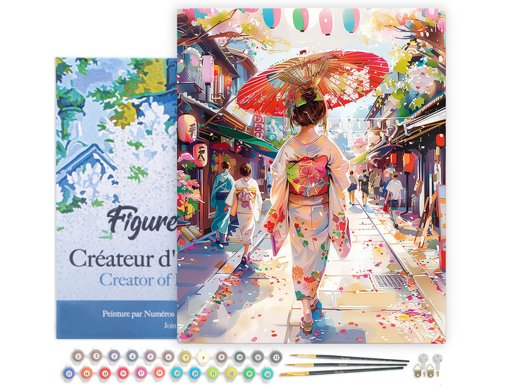 Malen nach Zahlen 40x50cm auf Keilrahmen gespannt Figured’Art Frau im Yukata in einer belebten Straße