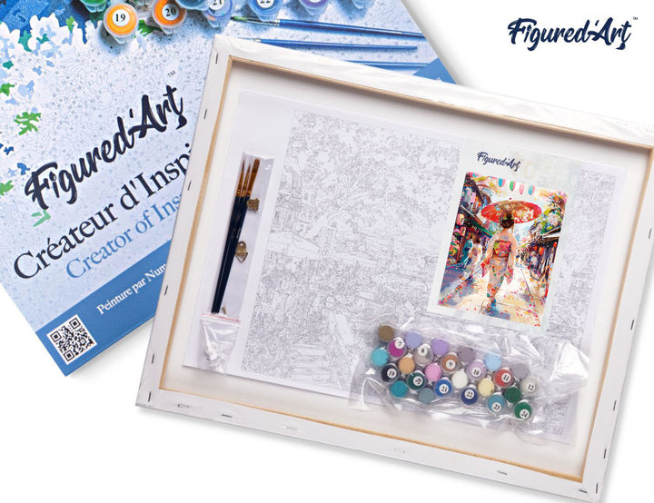 Malen nach Zahlen 40x50cm auf Keilrahmen gespannt Figured’Art Frau im Yukata in einer belebten Straße