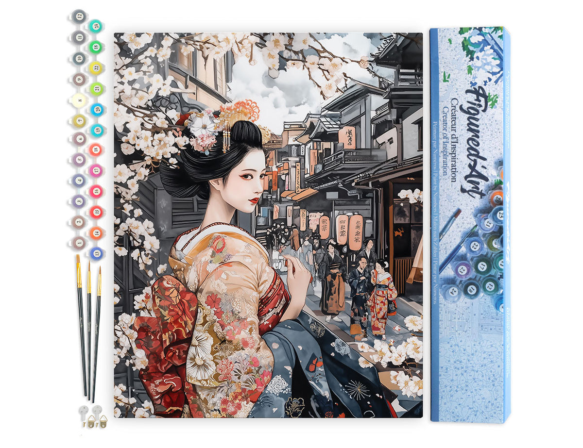 Malen nach Zahlen 40x50cm ohne Keilrahmen Figured’Art Geisha in einer Vintage-Straße - Kidis Art