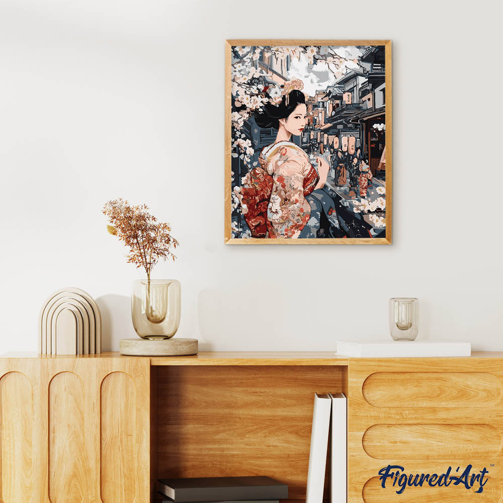 Malen nach Zahlen 40x50cm auf Keilrahmen gespannt Figured’Art Geisha in einer Vintage-Straße