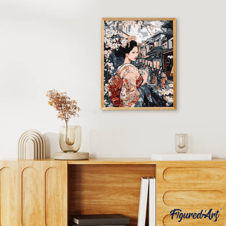 Malen nach Zahlen 40x50cm auf Keilrahmen gespannt Figured’Art Geisha in einer Vintage-Straße