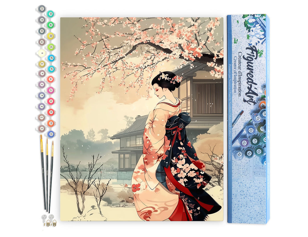 Malen nach Zahlen 40x50cm ohne Keilrahmen Figured’Art Vintage-Szene mit einer Geisha im Winter