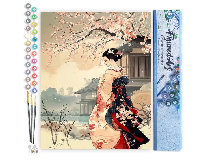 Malen nach Zahlen 40x50cm ohne Keilrahmen Figured’Art Vintage-Szene mit einer Geisha im Winter