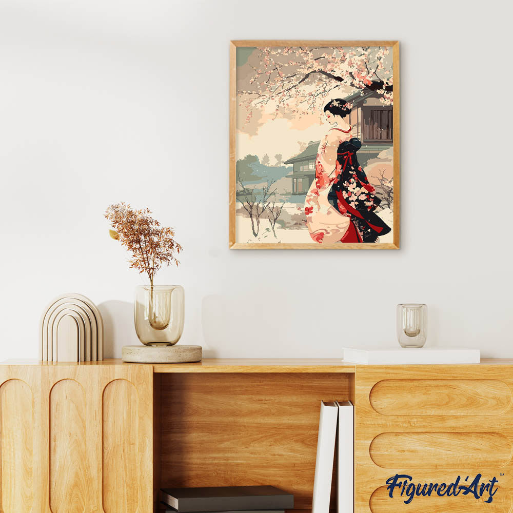 Malen nach Zahlen 40x50cm auf Keilrahmen gespannt Figured’Art Vintage-Szene mit einer Geisha im Winter